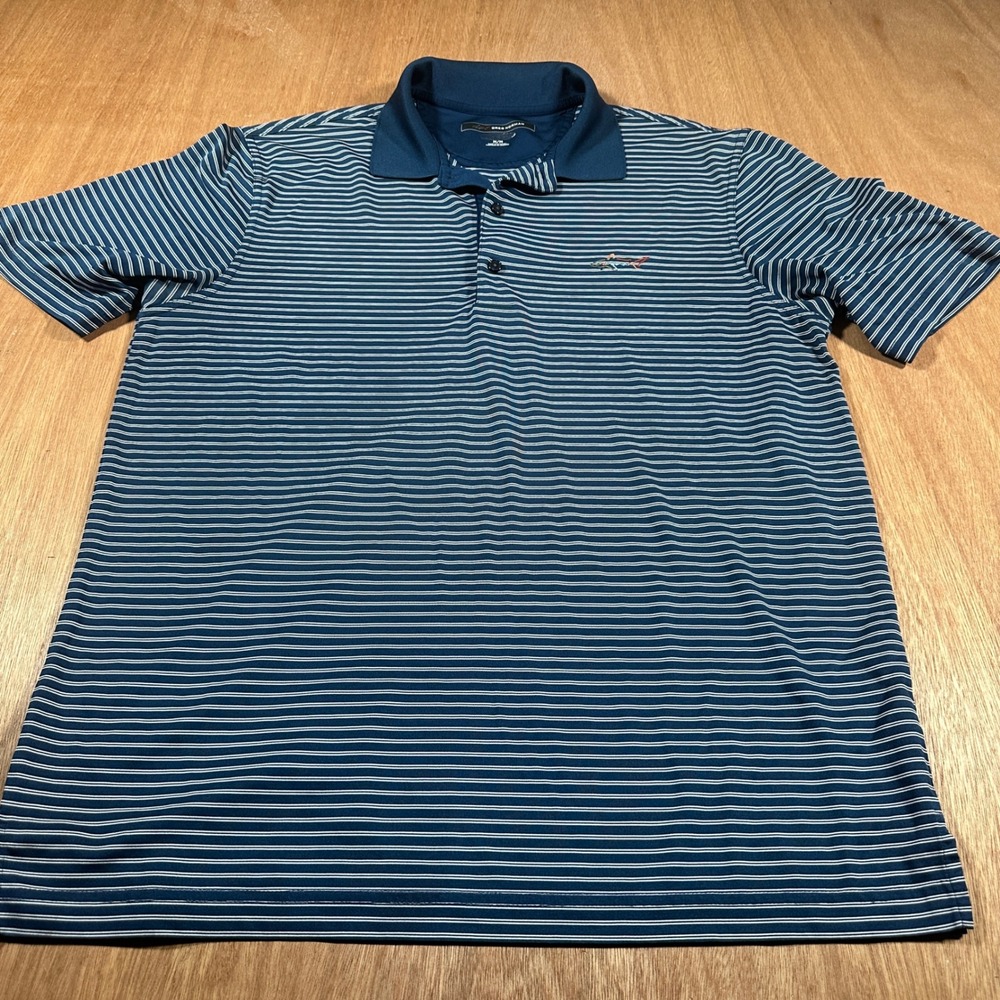 Greg Norman Mens Medium Blue Stripe Performance Golf Polo Shirt Shark Logo